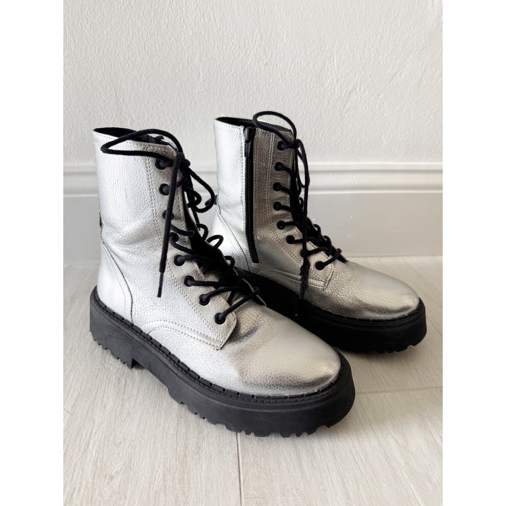 Zara Silver Metallic Combat Boots Ankle Booties Size 36